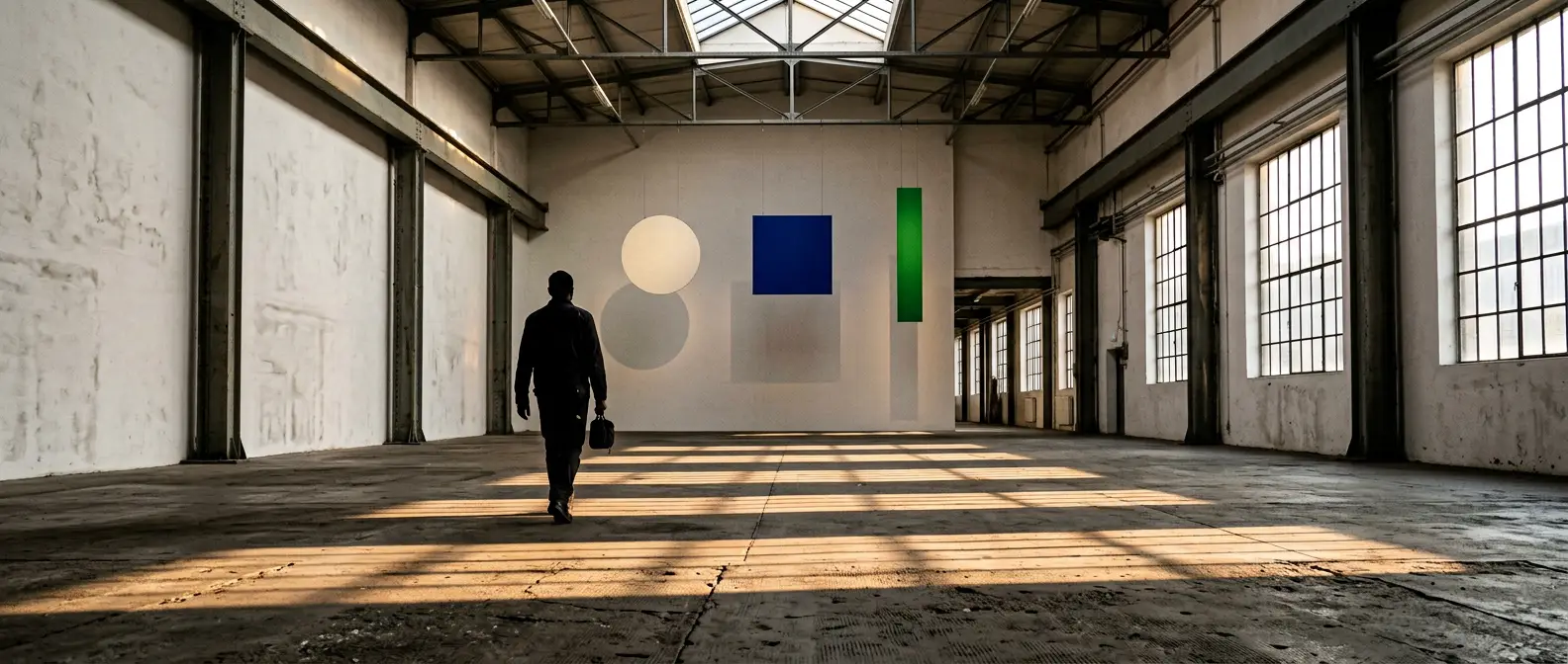 Una persona di spalle attraversa un grande studio vuoto con forme appese